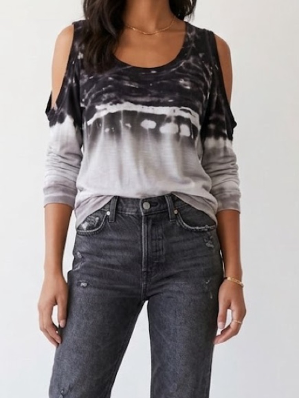 Young Fabulous & Broke Gray Tie Dye Open Shoulder Long Sleeve Top Medium